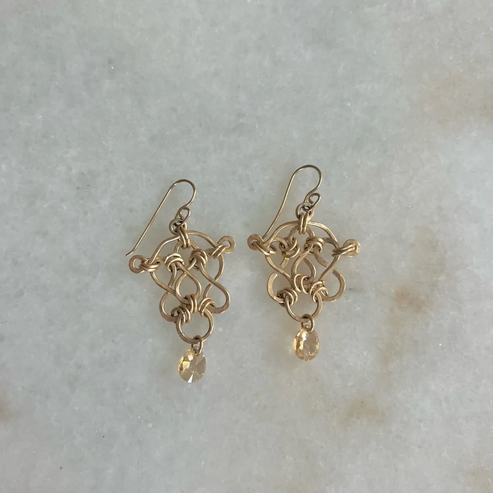 Celtic Knot Gold Gem Traditional Medieval Style Drop Earrings